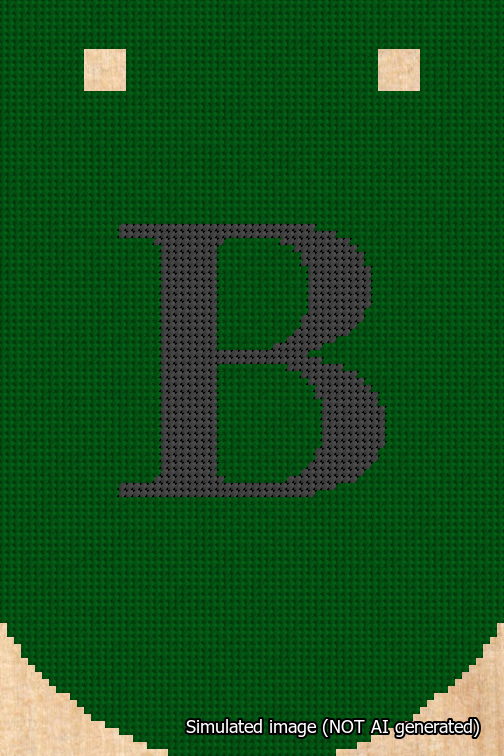 A simulated image of the stitched needlepoint design: Banner 18m Curved B Black on Green. Not A.I. generated.
