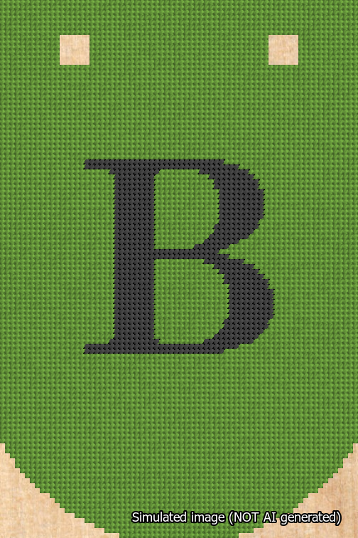 A simulated image of the stitched needlepoint design: Banner 18m Curved B Black on Light Green. Not A.I. generated.