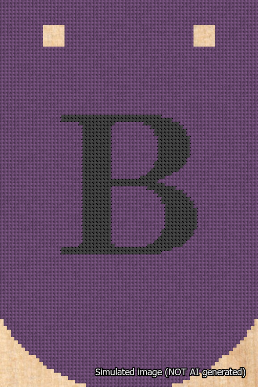 A simulated image of the stitched needlepoint design: Banner 18m Curved B Black on Purple. Not A.I. generated.