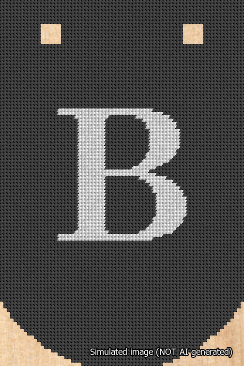 A simulated image of the stitched needlepoint design: Banner 18m Curved B White on Black. Not A.I. generated.