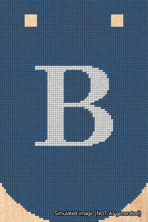 A simulated image of the stitched needlepoint design: Banner 18m Curved B White on Blue. Not A.I. generated.