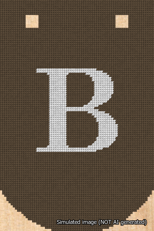 A simulated image of the stitched needlepoint design: Banner 18m Curved B White on Brown. Not A.I. generated.