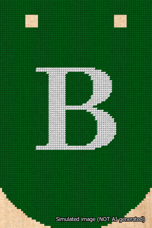 A simulated image of the stitched needlepoint design: Banner 18m Curved B White on Green. Not A.I. generated.