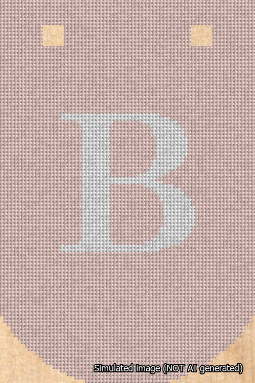 A simulated image of the stitched needlepoint design: Banner 18m Curved B White on Pink. Not A.I. generated.