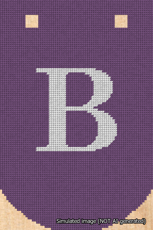 A simulated image of the stitched needlepoint design: Banner 18m Curved B White on Purple. Not A.I. generated.