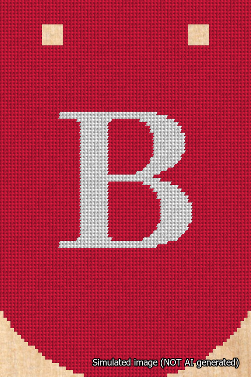 A simulated image of the stitched needlepoint design: Banner 18m Curved B White on Red. Not A.I. generated.