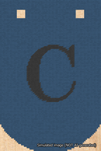 A simulated image of the stitched needlepoint design: Banner 18m Curved C Black on Blue. Not A.I. generated.