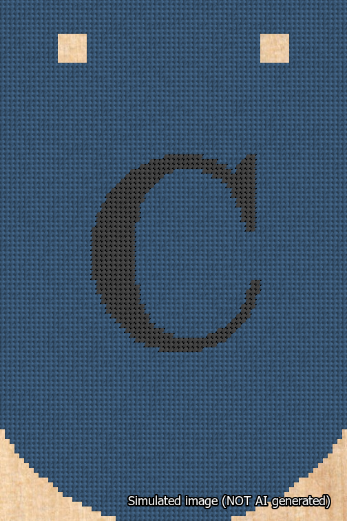 A simulated image of the stitched needlepoint design: Banner 18m Curved C Black on Blue. Not A.I. generated.