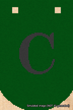 A simulated image of the stitched needlepoint design: Banner 18m Curved C Black on Green. Not A.I. generated.