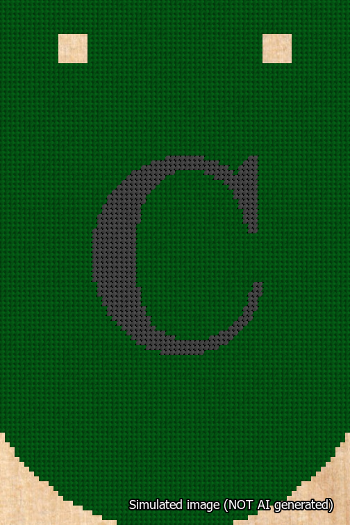 A simulated image of the stitched needlepoint design: Banner 18m Curved C Black on Green. Not A.I. generated.