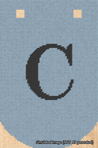 A simulated image of the stitched needlepoint design: Banner 18m Curved C Black on Light Blue. Not A.I. generated.