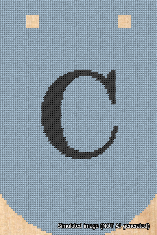 A simulated image of the stitched needlepoint design: Banner 18m Curved C Black on Light Blue. Not A.I. generated.
