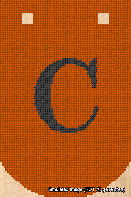 A simulated image of the stitched needlepoint design: Banner 18m Curved C Black on Orange. Not A.I. generated.