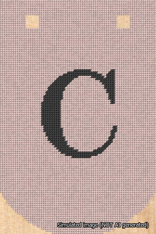 A simulated image of the stitched needlepoint design: Banner 18m Curved C Black on Pink. Not A.I. generated.
