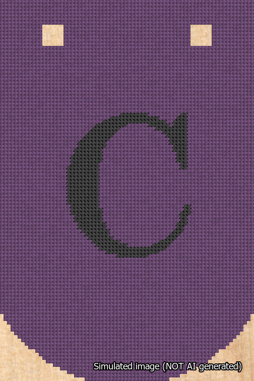 A simulated image of the stitched needlepoint design: Banner 18m Curved C Black on Purple. Not A.I. generated.