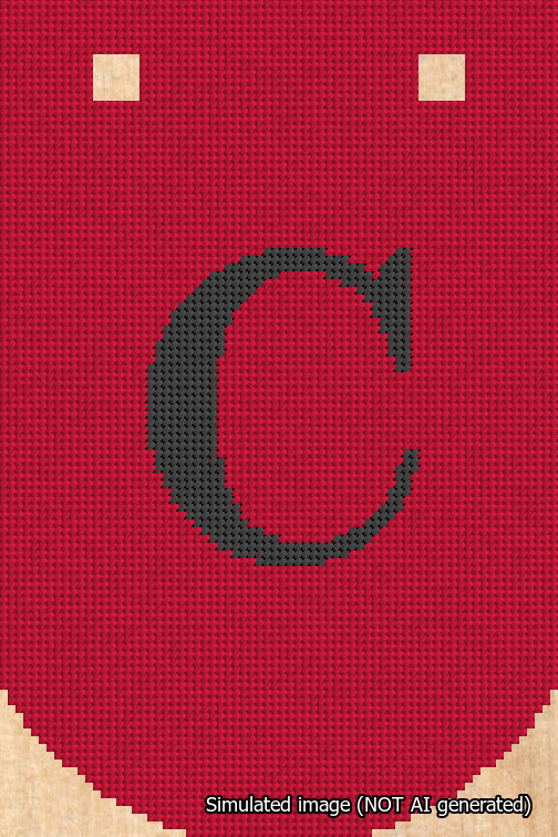 A simulated image of the stitched needlepoint design: Banner 18m Curved C Black on Red. Not A.I. generated.