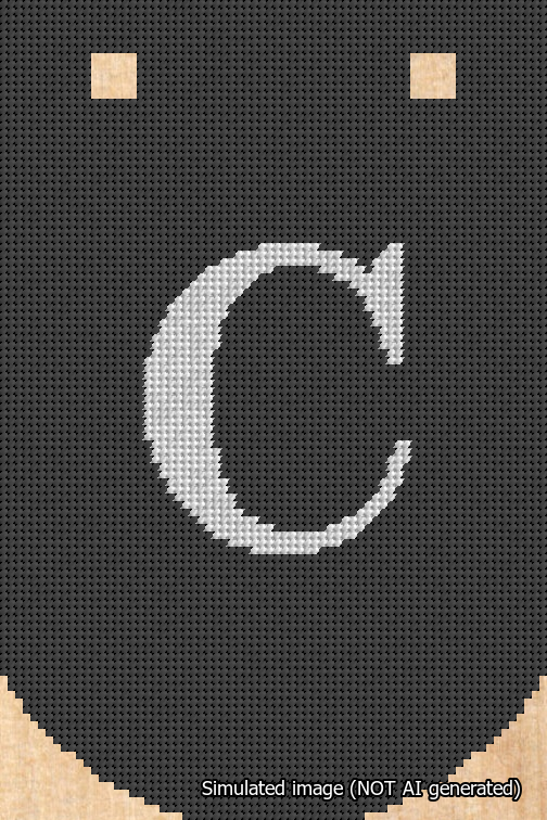 A simulated image of the stitched needlepoint design: Banner 18m Curved C White on Black. Not A.I. generated.