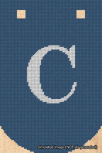 A simulated image of the stitched needlepoint design: Banner 18m Curved C White on Blue. Not A.I. generated.