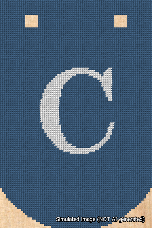 A simulated image of the stitched needlepoint design: Banner 18m Curved C White on Blue. Not A.I. generated.