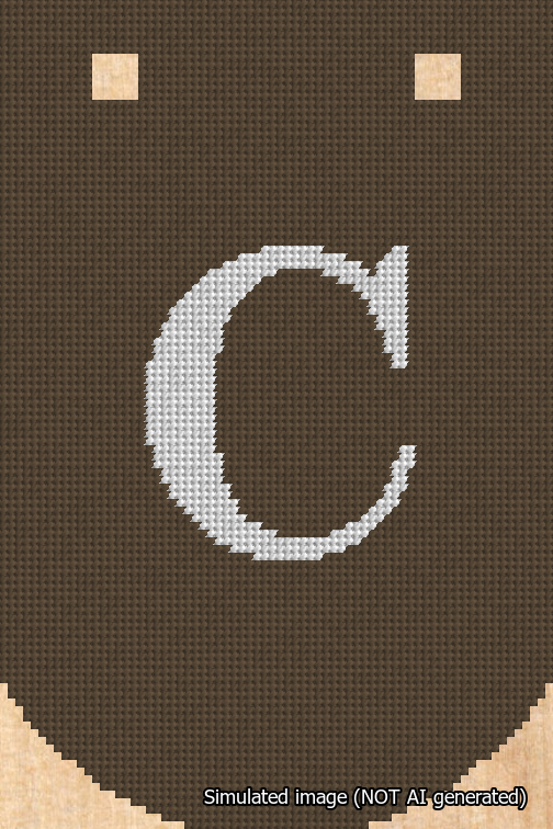 A simulated image of the stitched needlepoint design: Banner 18m Curved C White on Brown. Not A.I. generated.