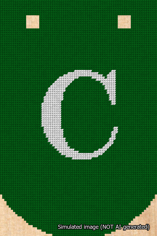 A simulated image of the stitched needlepoint design: Banner 18m Curved C White on Green. Not A.I. generated.