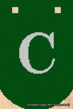 A simulated image of the stitched needlepoint design: Banner 18m Curved C White on Green. Not A.I. generated.