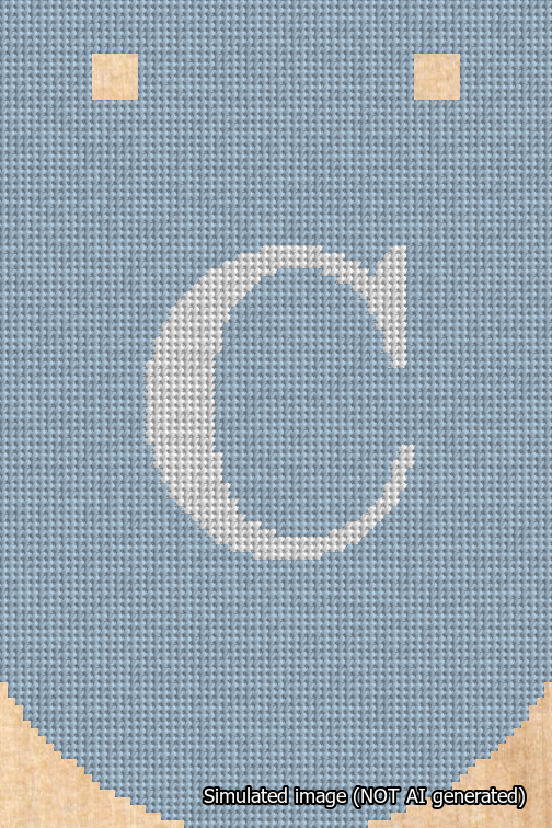 A simulated image of the stitched needlepoint design: Banner 18m Curved C White on Light Blue. Not A.I. generated.