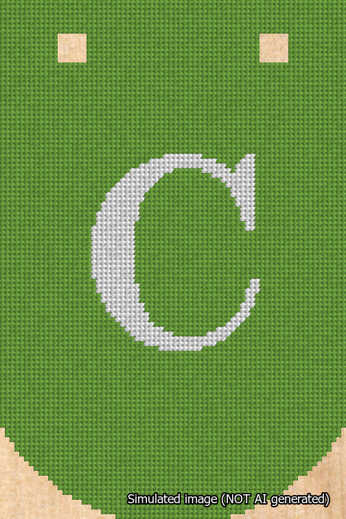 A simulated image of the stitched needlepoint design: Banner 18m Curved C White on Light Green. Not A.I. generated.