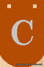 A simulated image of the stitched needlepoint design: Banner 18m Curved C White on Orange. Not A.I. generated.