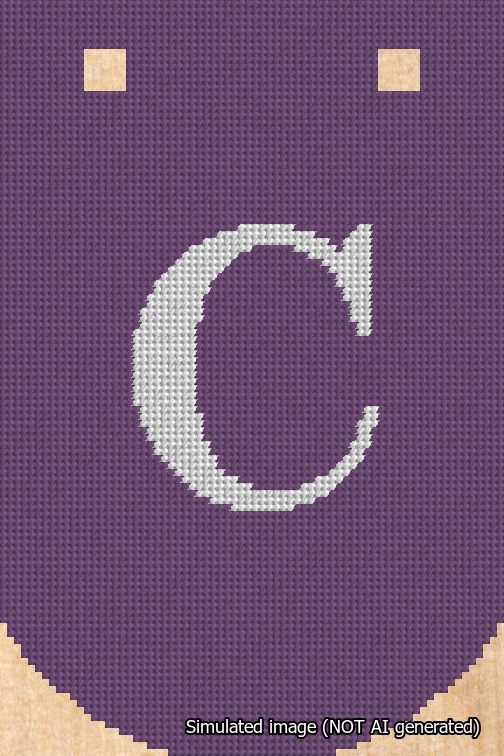 A simulated image of the stitched needlepoint design: Banner 18m Curved C White on Purple. Not A.I. generated.