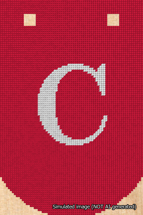 A simulated image of the stitched needlepoint design: Banner 18m Curved C White on Red. Not A.I. generated.