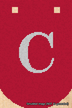 A simulated image of the stitched needlepoint design: Banner 18m Curved C White on Red. Not A.I. generated.
