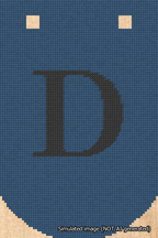 A simulated image of the stitched needlepoint design: Banner 18m Curved D Black on Blue. Not A.I. generated.