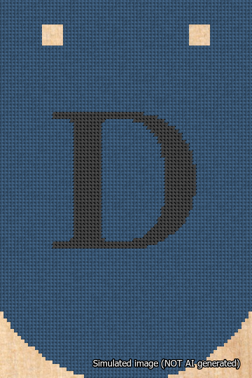 A simulated image of the stitched needlepoint design: Banner 18m Curved D Black on Blue. Not A.I. generated.