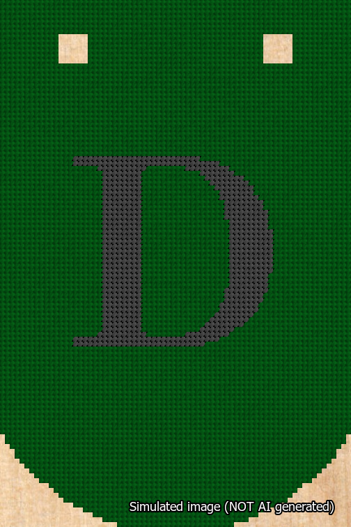 A simulated image of the stitched needlepoint design: Banner 18m Curved D Black on Green. Not A.I. generated.