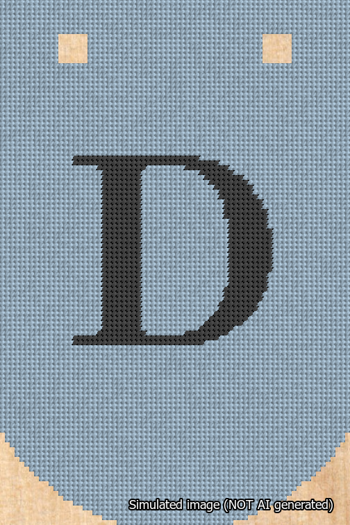 A simulated image of the stitched needlepoint design: Banner 18m Curved D Black on Light Blue. Not A.I. generated.