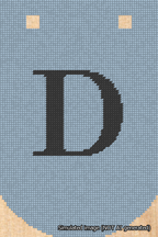 A simulated image of the stitched needlepoint design: Banner 18m Curved D Black on Light Blue. Not A.I. generated.