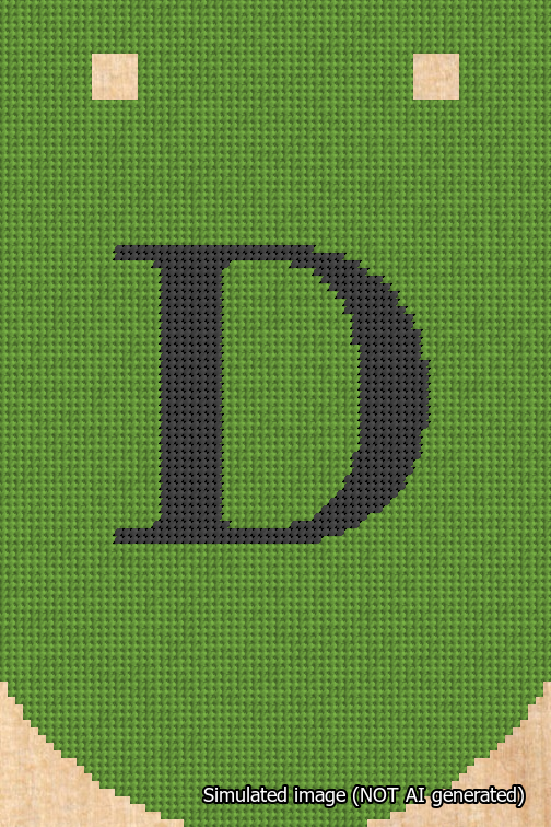 A simulated image of the stitched needlepoint design: Banner 18m Curved D Black on Light Green. Not A.I. generated.
