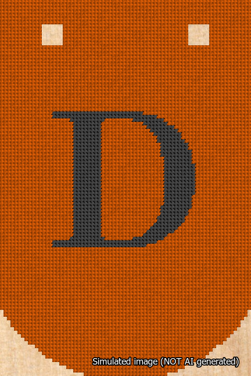 A simulated image of the stitched needlepoint design: Banner 18m Curved D Black on Orange. Not A.I. generated.