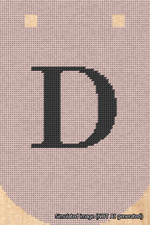A simulated image of the stitched needlepoint design: Banner 18m Curved D Black on Pink. Not A.I. generated.