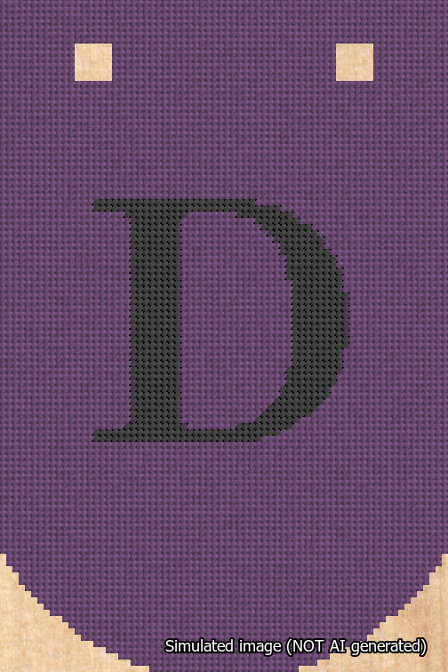 A simulated image of the stitched needlepoint design: Banner 18m Curved D Black on Purple. Not A.I. generated.