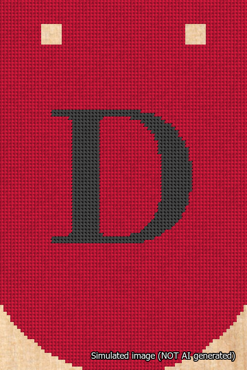 A simulated image of the stitched needlepoint design: Banner 18m Curved D Black on Red. Not A.I. generated.