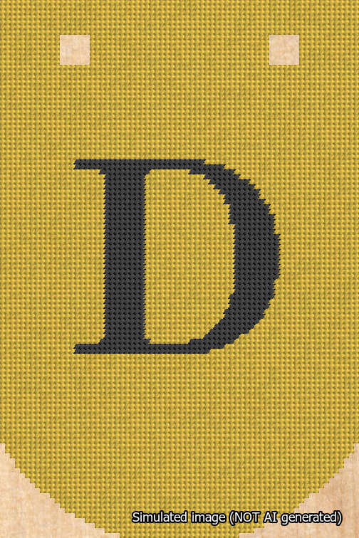 A simulated image of the stitched needlepoint design: Banner 18m Curved D Black on Yellow. Not A.I. generated.