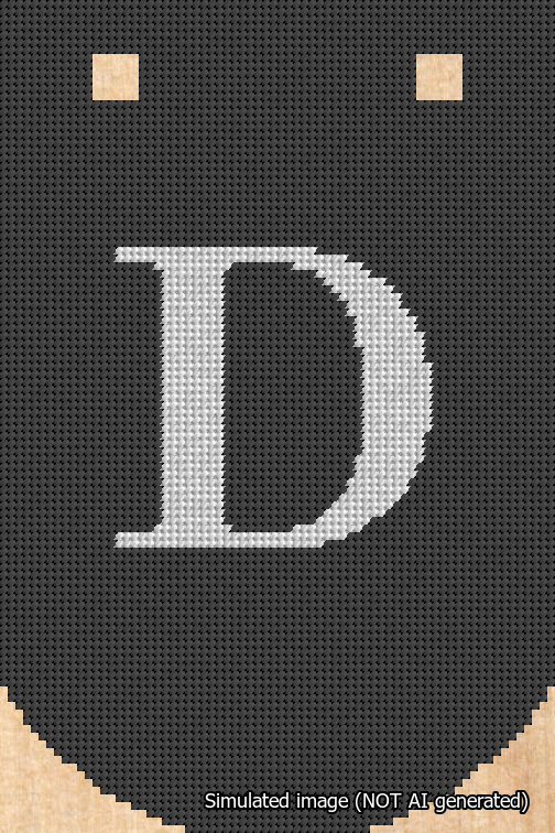 A simulated image of the stitched needlepoint design: Banner 18m Curved D White on Black. Not A.I. generated.