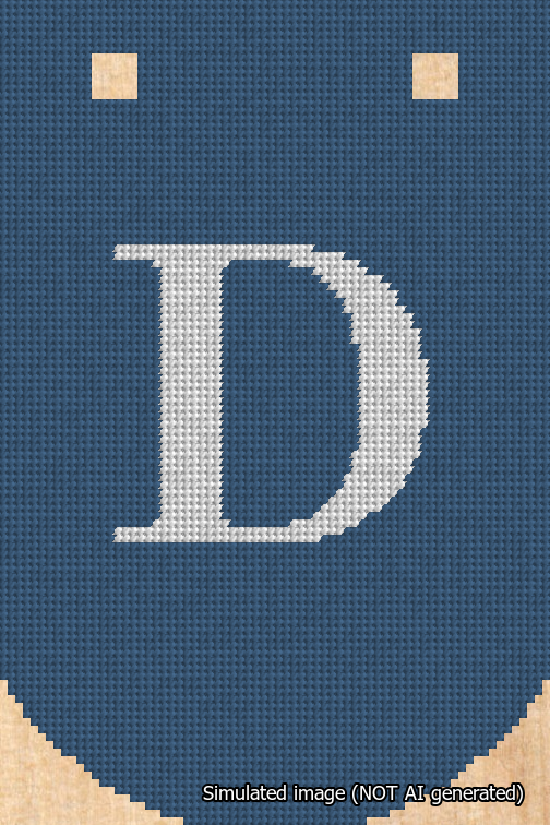 A simulated image of the stitched needlepoint design: Banner 18m Curved D White on Blue. Not A.I. generated.