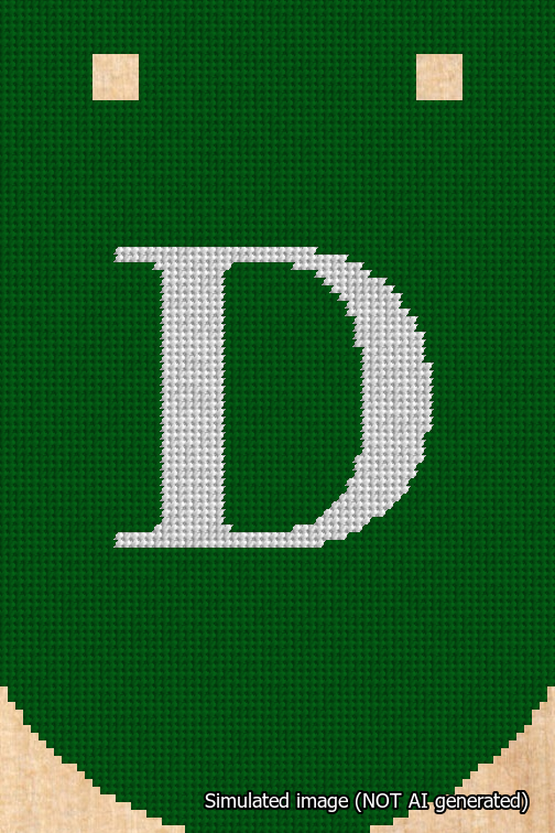 A simulated image of the stitched needlepoint design: Banner 18m Curved D White on Green. Not A.I. generated.