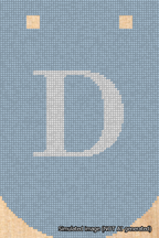 A simulated image of the stitched needlepoint design: Banner 18m Curved D White on Light Blue. Not A.I. generated.