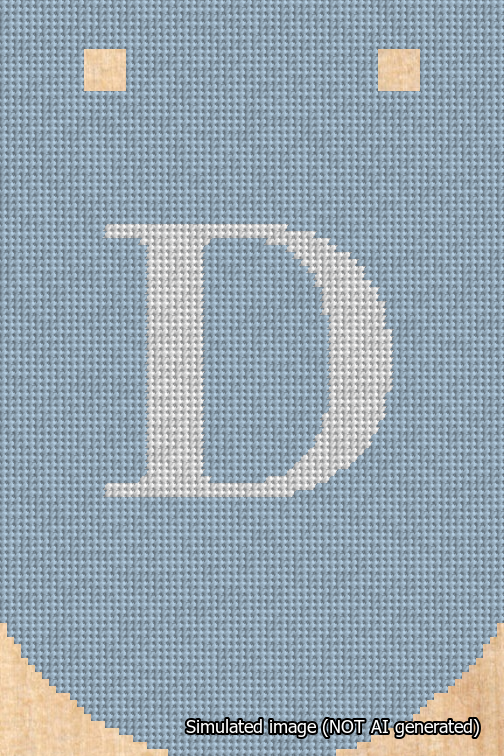 A simulated image of the stitched needlepoint design: Banner 18m Curved D White on Light Blue. Not A.I. generated.