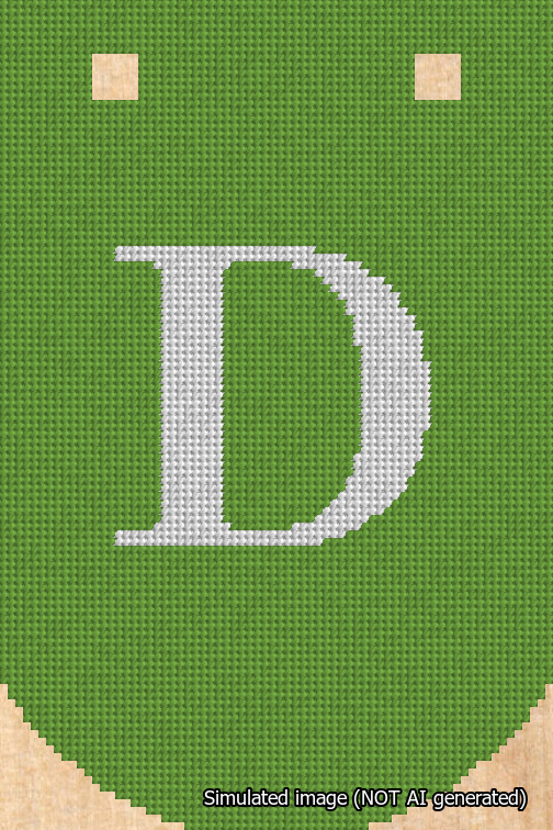 A simulated image of the stitched needlepoint design: Banner 18m Curved D White on Light Green. Not A.I. generated.