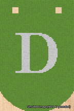 A simulated image of the stitched needlepoint design: Banner 18m Curved D White on Light Green. Not A.I. generated.